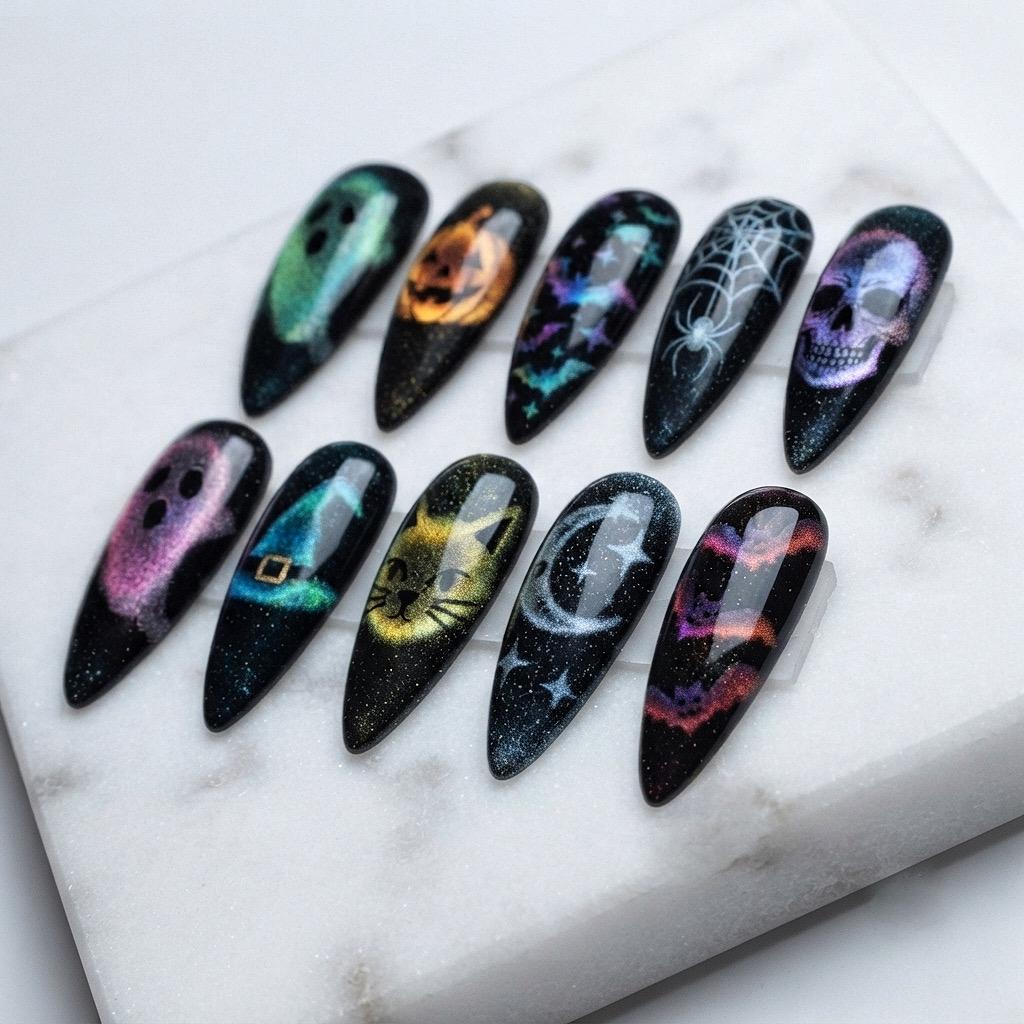 Halloween Cat Eye Press On Nails With Ghosts, Pumpkin, Bats and Spiderweb