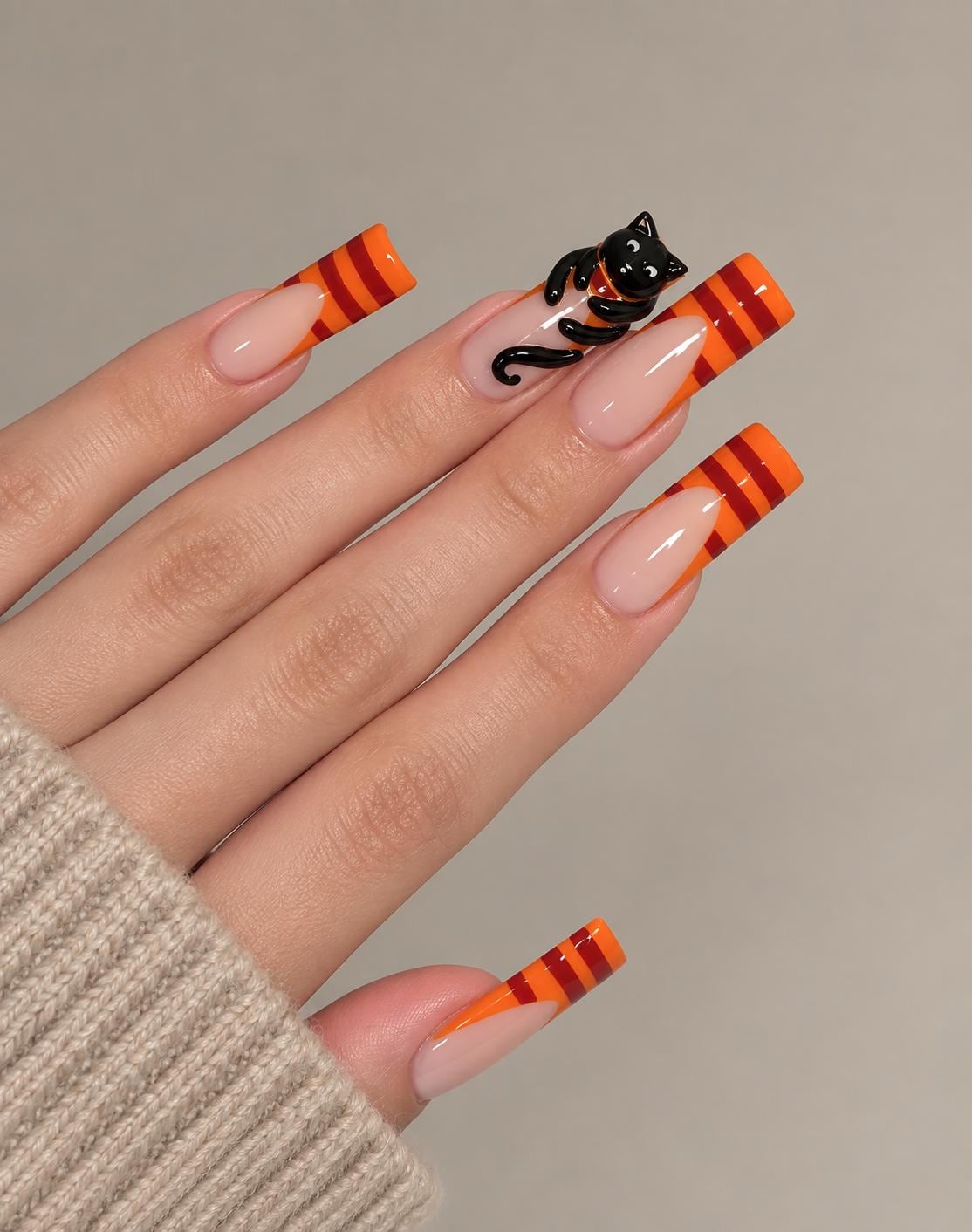 Halloween Cat Press On Nails With Orange Tips and Dark Red Stripes