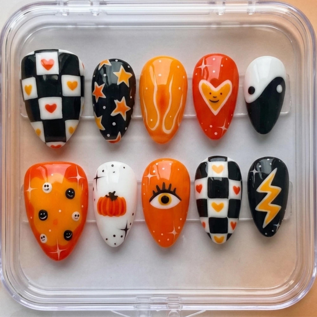 Halloween Checkerboard Ghost, Pumpkin, and Lightning Bolt Press-On Nails