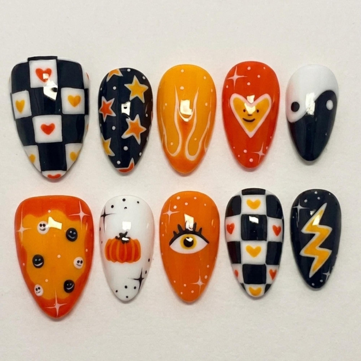 Halloween Checkerboard Ghost, Pumpkin, and Lightning Bolt Press-On Nails