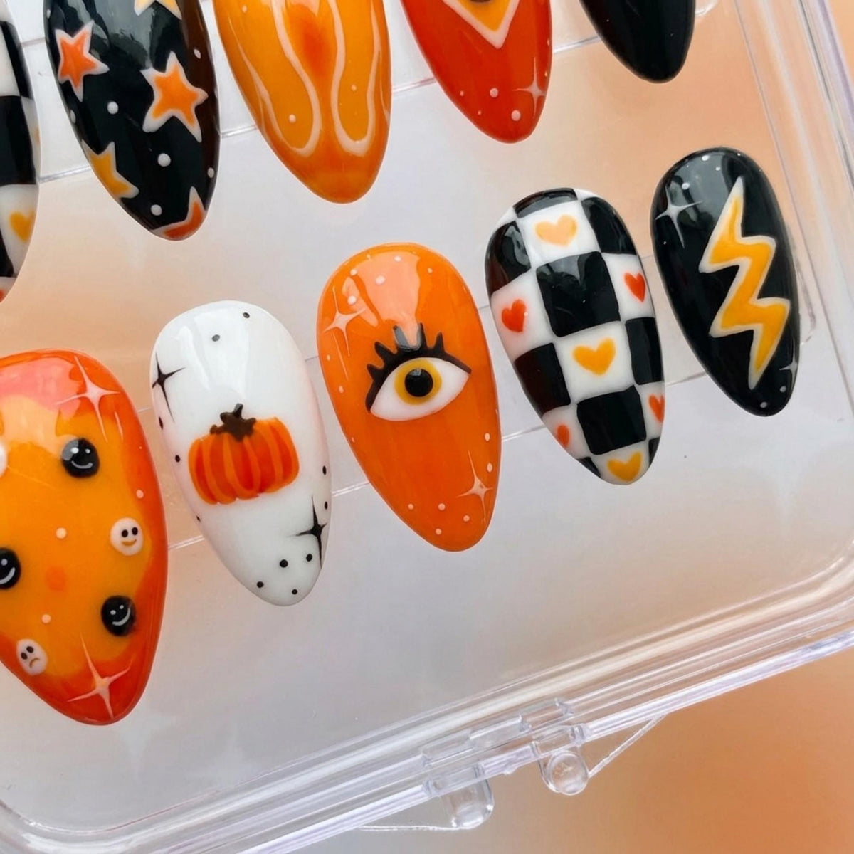 Halloween Checkerboard Ghost, Pumpkin, and Lightning Bolt Press-On Nails