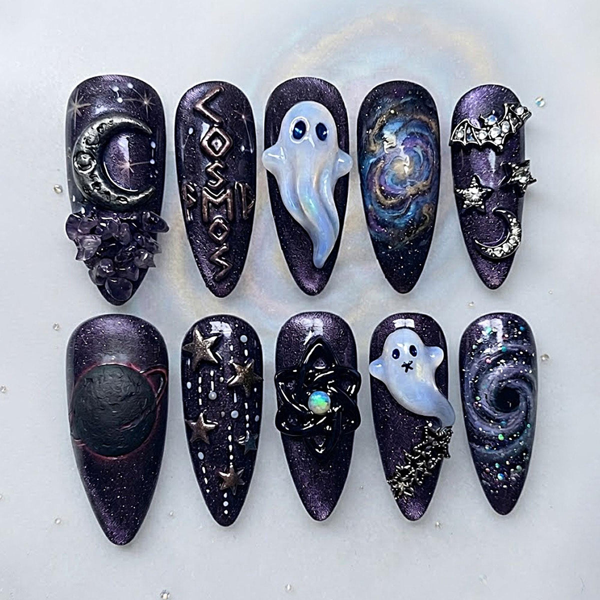 Halloween Cosmic Ghost, Moon and Star Galaxy Press-On Nail Set