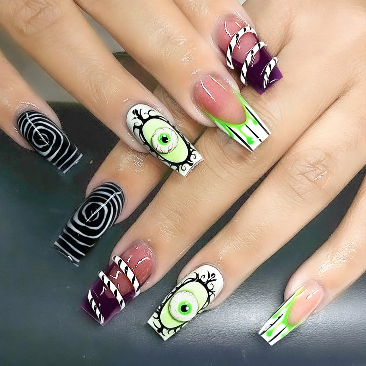 Halloween Eyeball and Spiral Press On Nails in Neon Green, Black and Burgundy