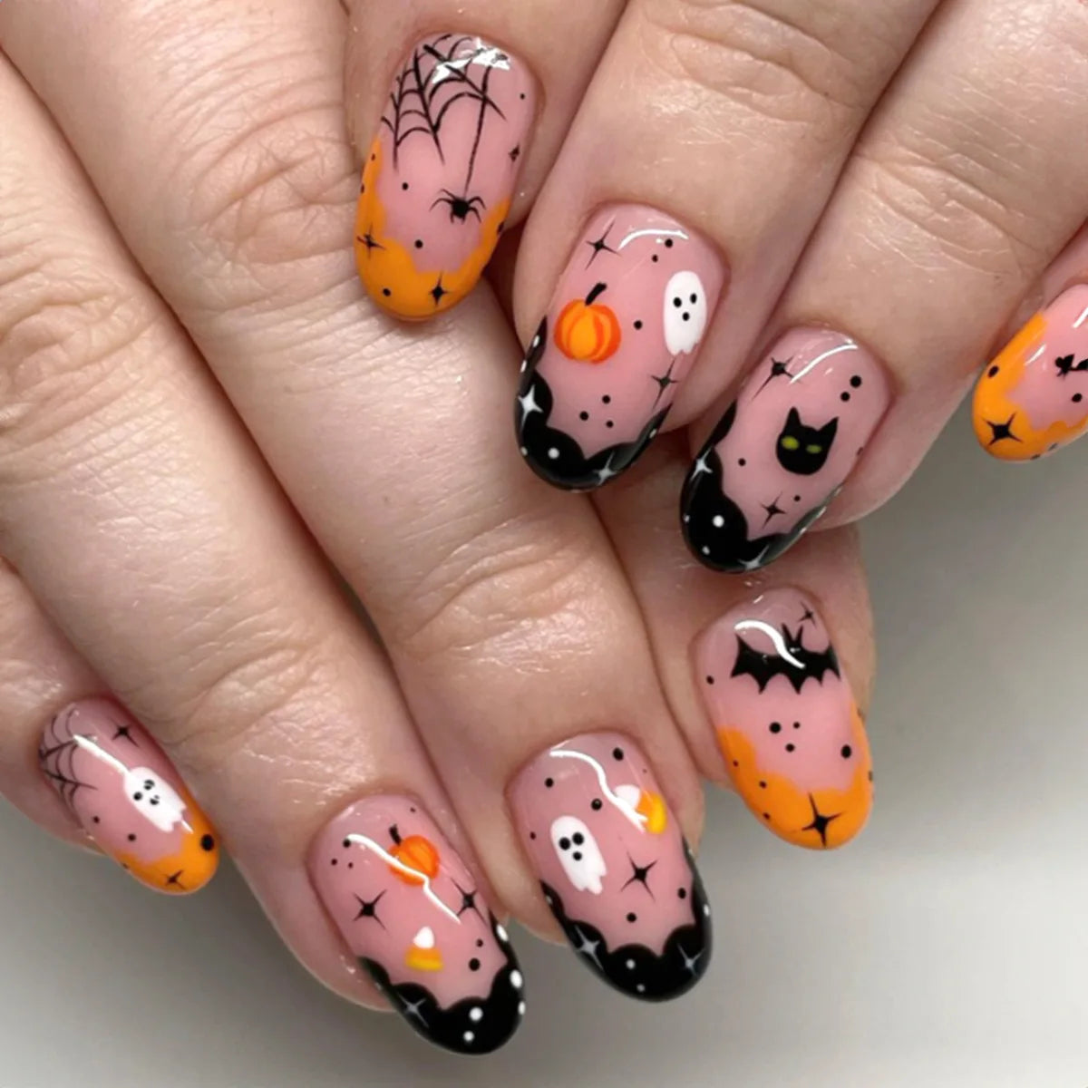 Halloween French Tip Nails with Ghosts, Pumpkin, Cat and Spiderwebs