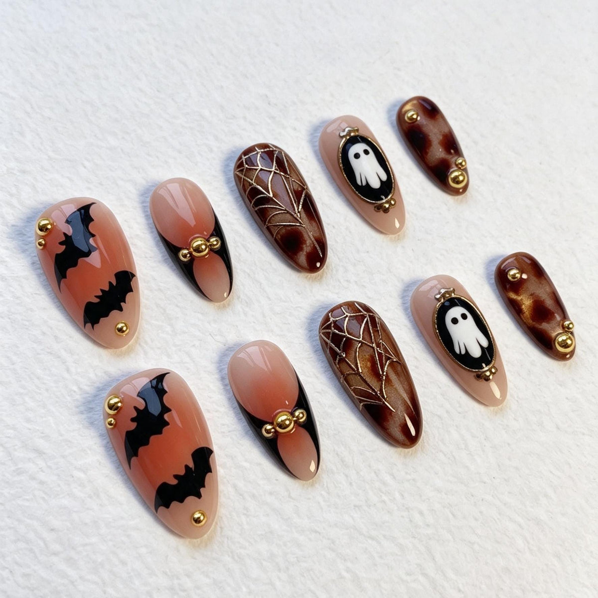 Halloween Ghost and Bat Nails with Tortoiseshell and Gold Web Details