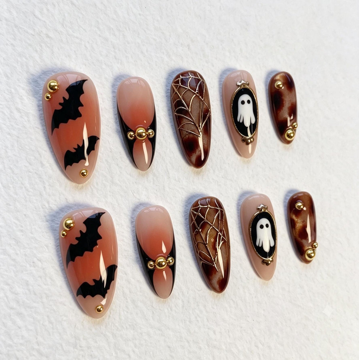 Halloween Ghost and Bat Nails with Tortoiseshell and Gold Web Details