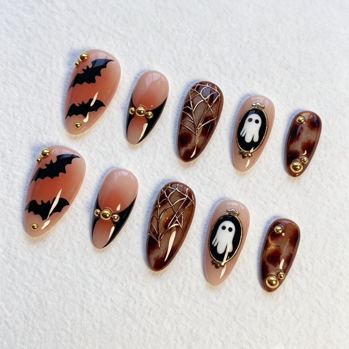 Halloween Ghost and Bat Nails with Tortoiseshell and Gold Web Details