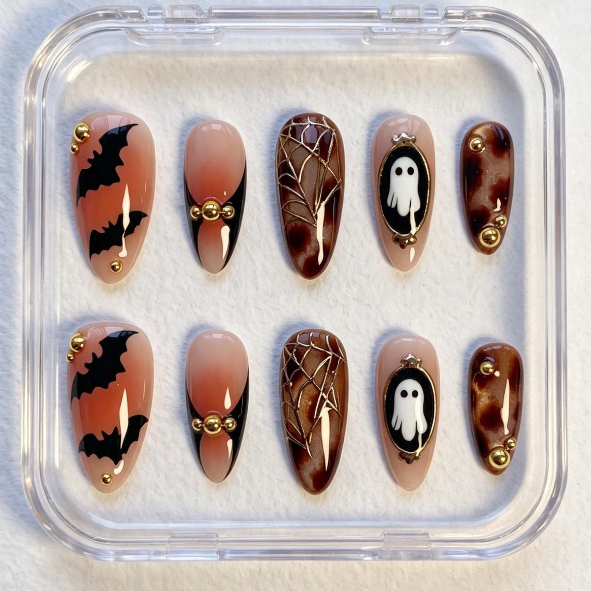 Halloween Ghost and Bat Nails with Tortoiseshell and Gold Web Details