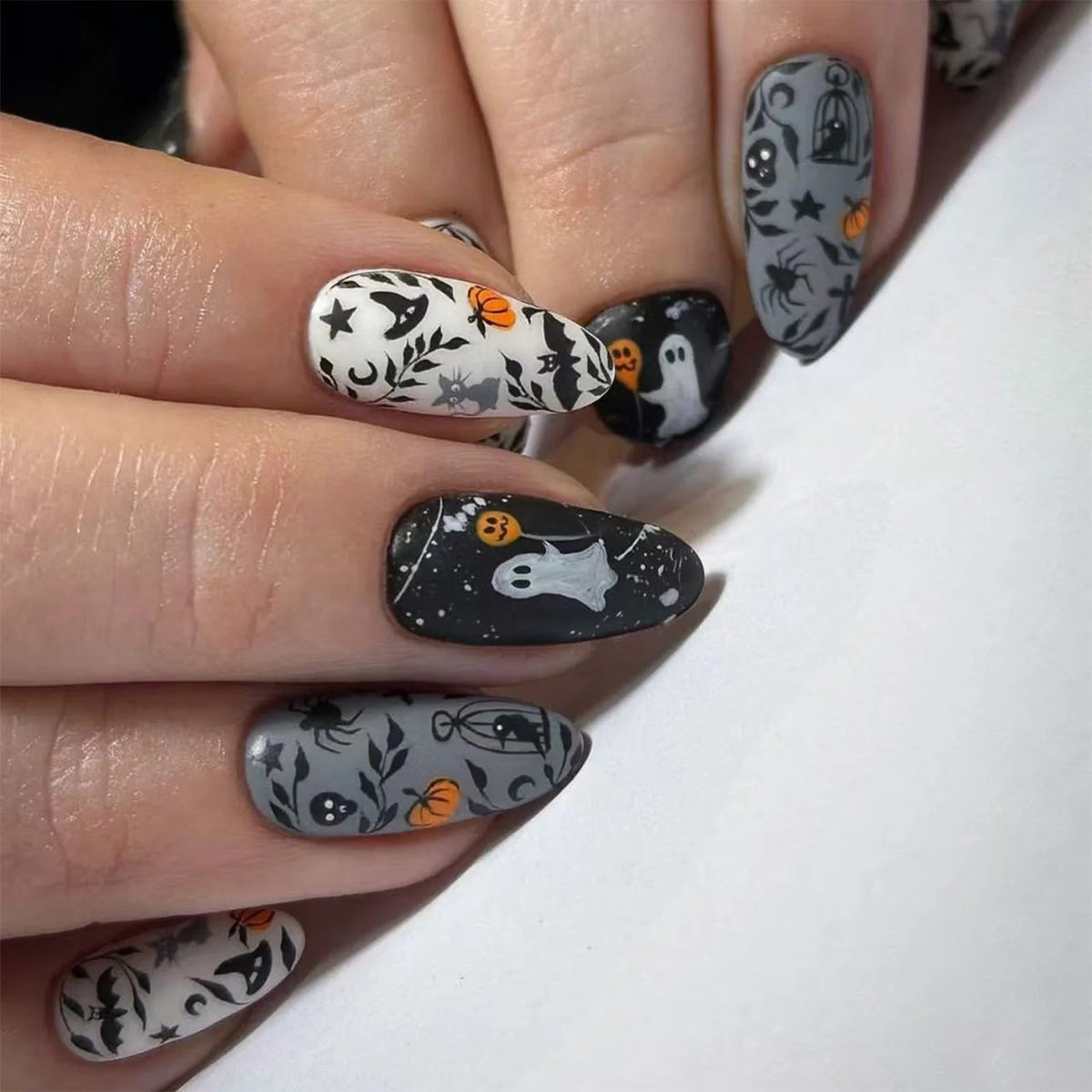 Halloween Ghost and Bat Press On Nails in Gray and Black