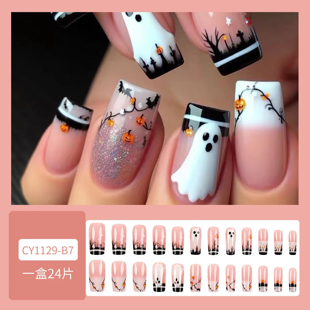 Halloween Ghost and Graveyard French Tip Nail Set