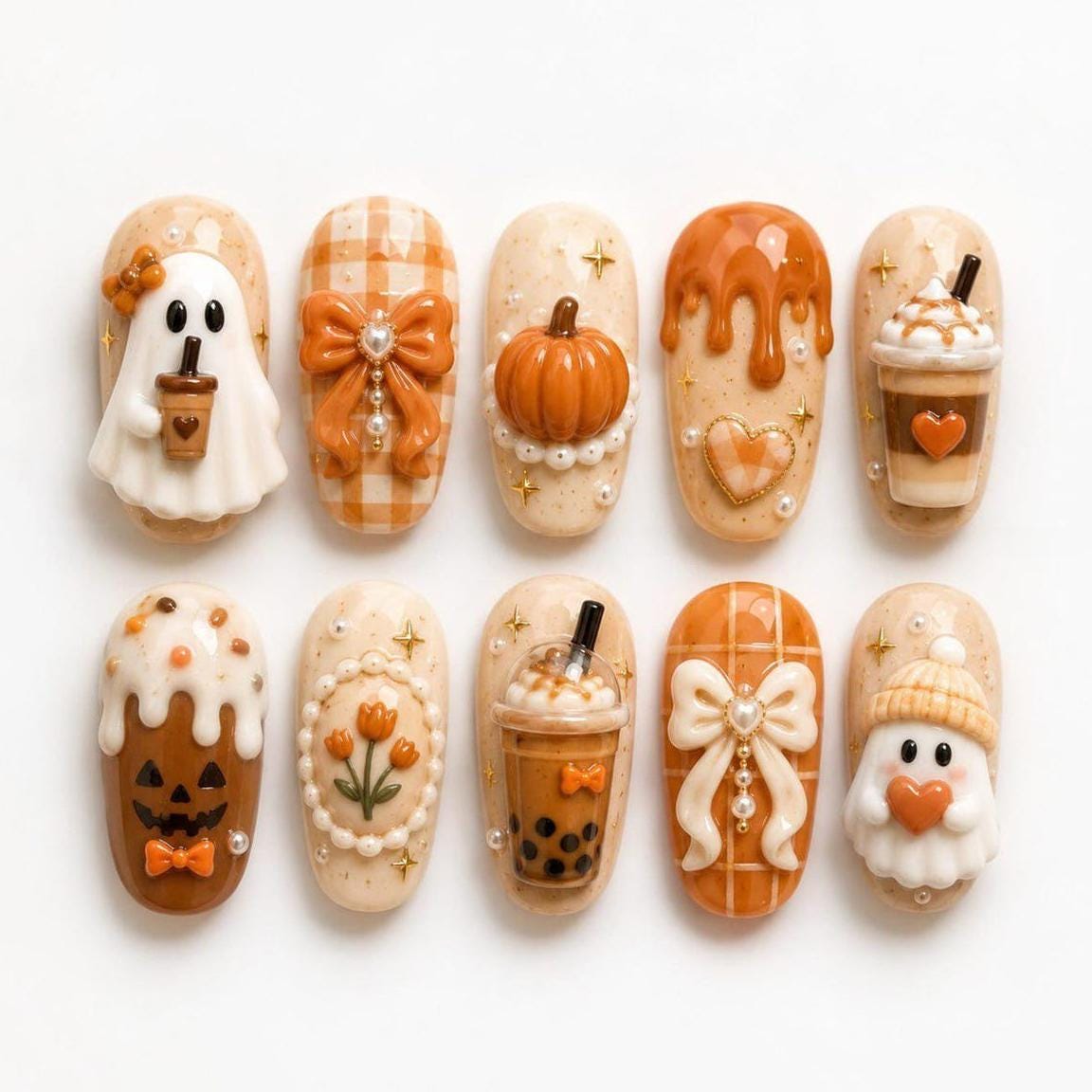 Halloween Ghost and Pumpkin Latte Press On Nails with Gingham Bows