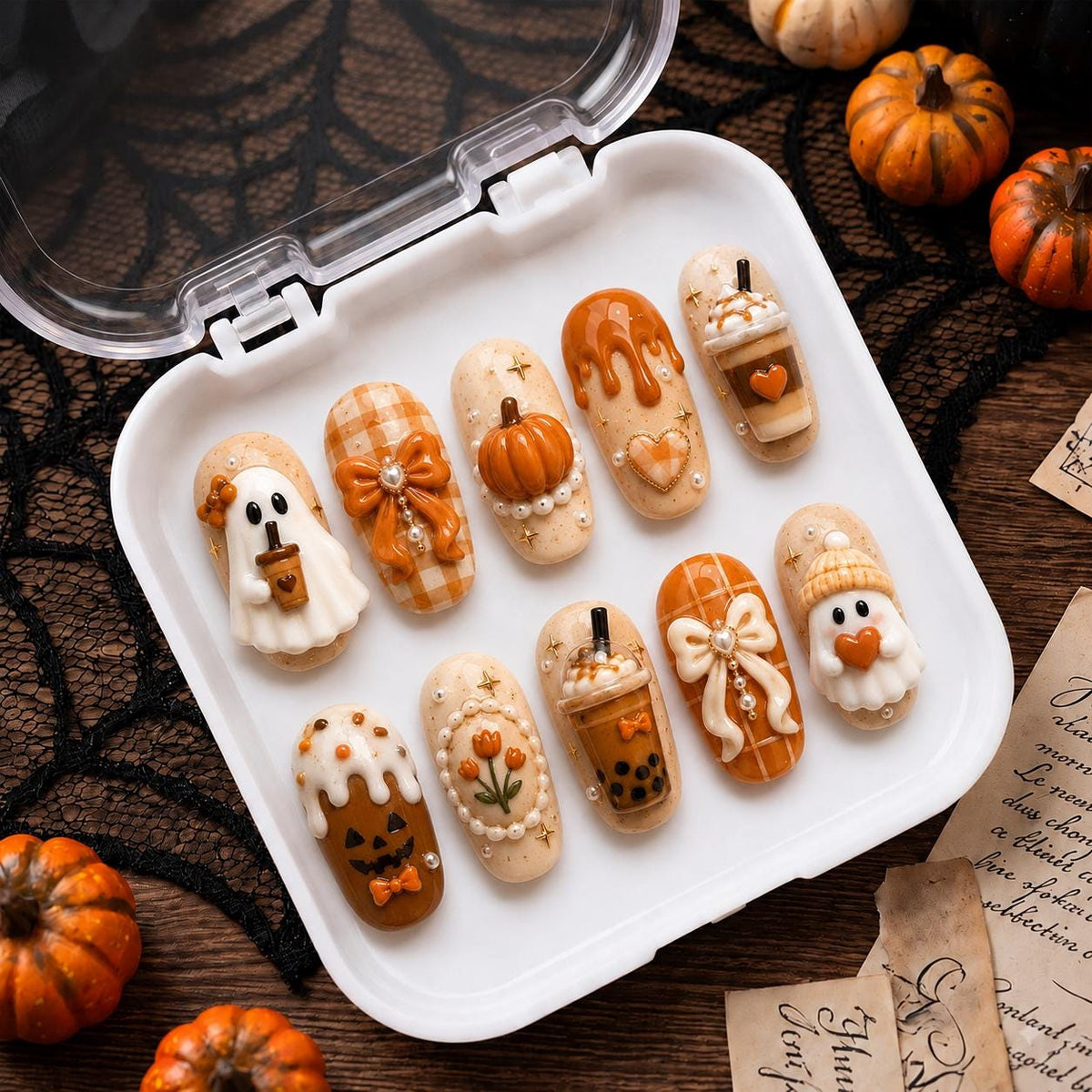 Halloween Ghost and Pumpkin Latte Press On Nails with Gingham Bows
