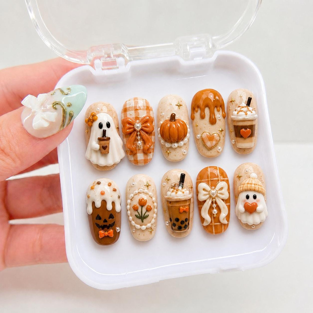 Halloween Ghost and Pumpkin Latte Press On Nails with Gingham Bows