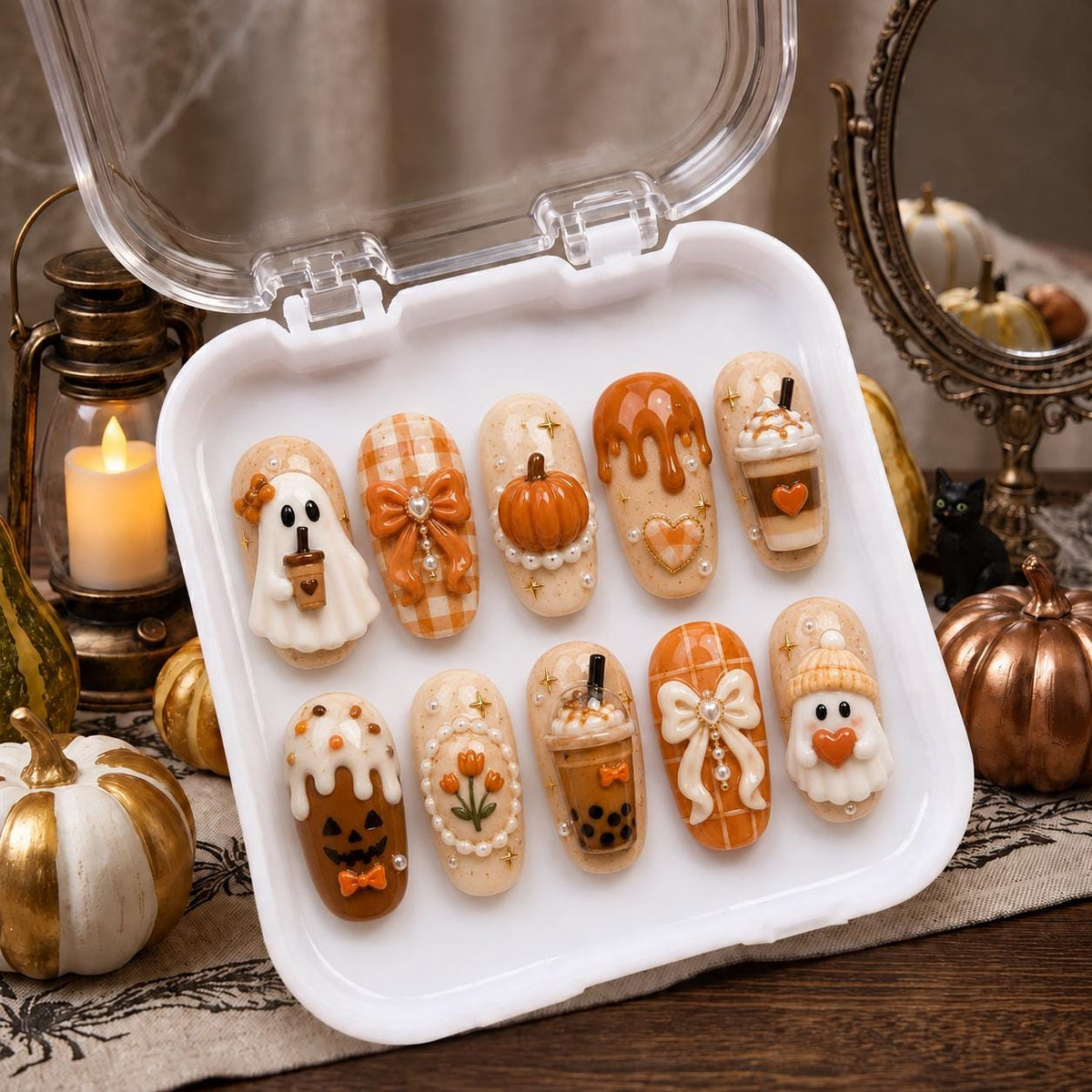 Halloween Ghost and Pumpkin Latte Press On Nails with Gingham Bows