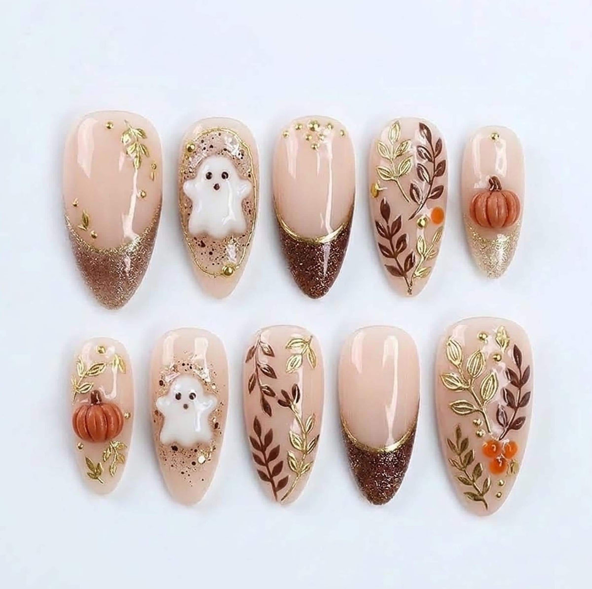 Halloween Ghost and Pumpkin Nails With Brown Glitter French Tips and Gold Leaf