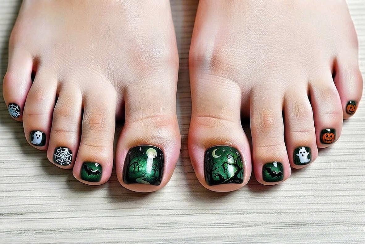 Halloween Ghost and Spider Web Press-On Toenails in Black and Green