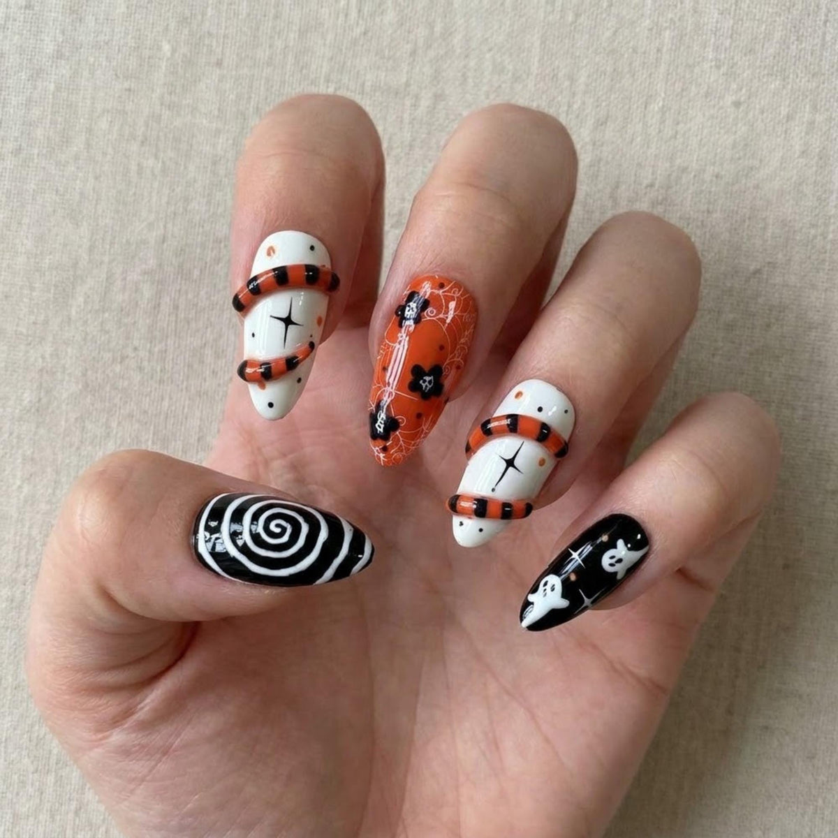 Halloween Ghost and Striped Sandworm Press On Nails