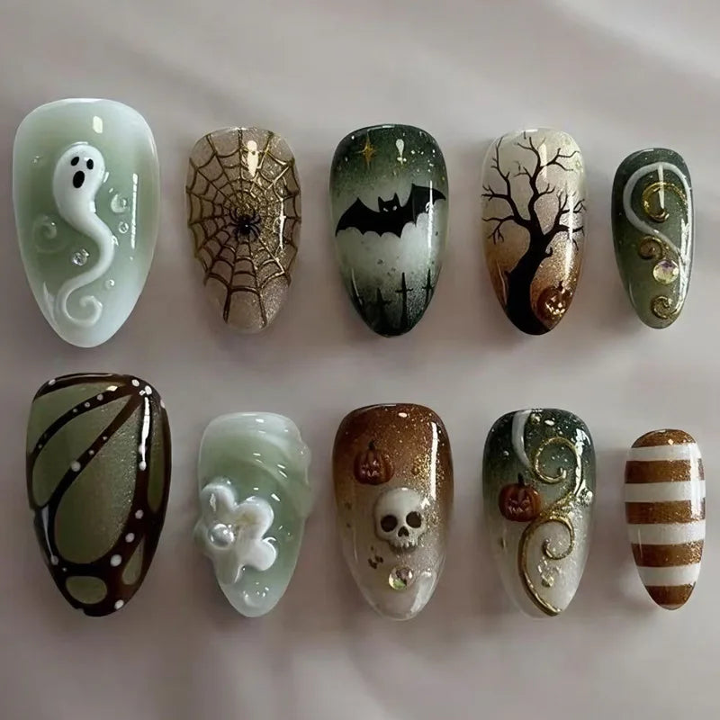 Halloween Ghost, Bat, and Graveyard Nail Set With Gold Details