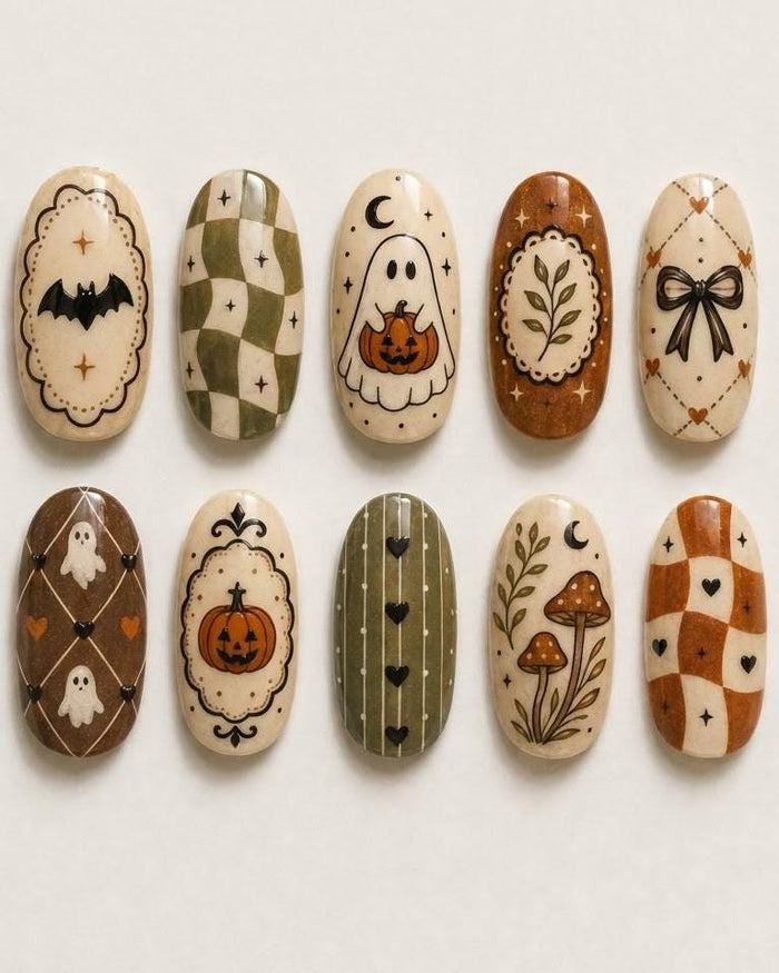 Halloween Ghost, Bat, and Pumpkin Press On Nails with Autumn Plaid and Mushroom Details