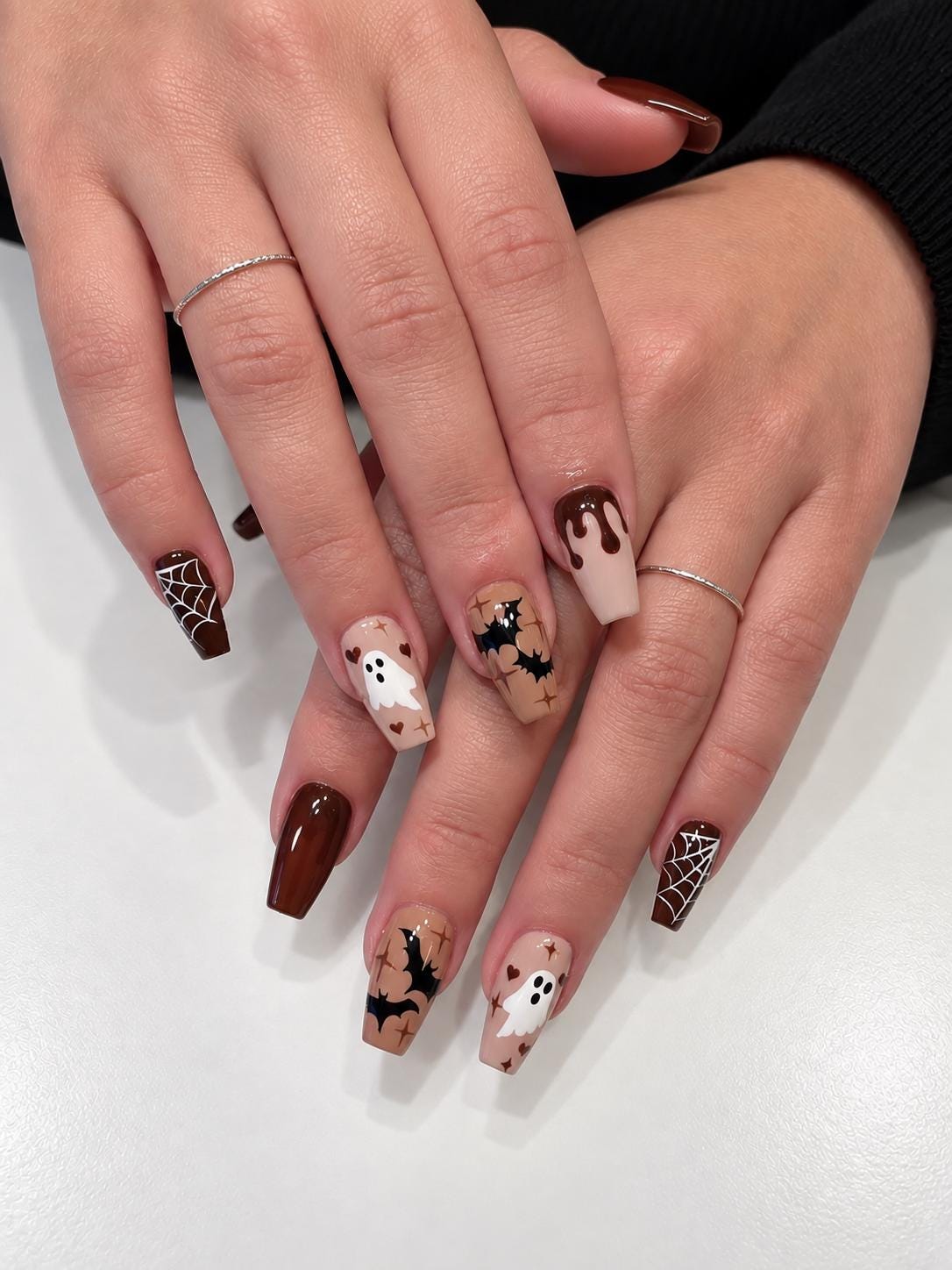 Halloween Ghost, Bat, and Spiderweb Press-On Nails in Brown, Black, and Nude