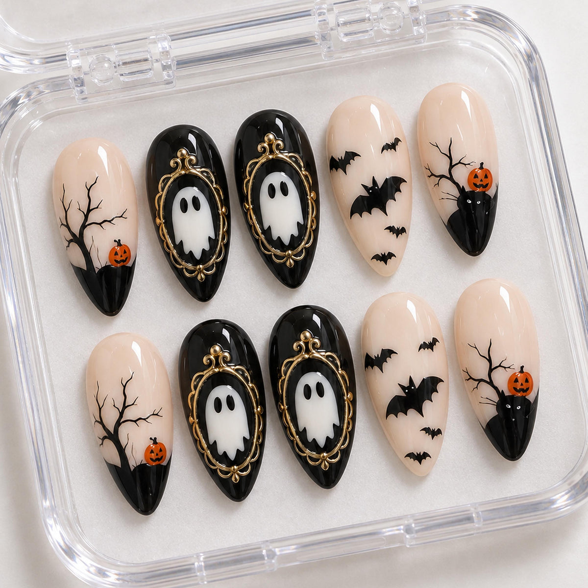Halloween Ghost, Bat & Pumpkin Nails with Ornate Gold Frames