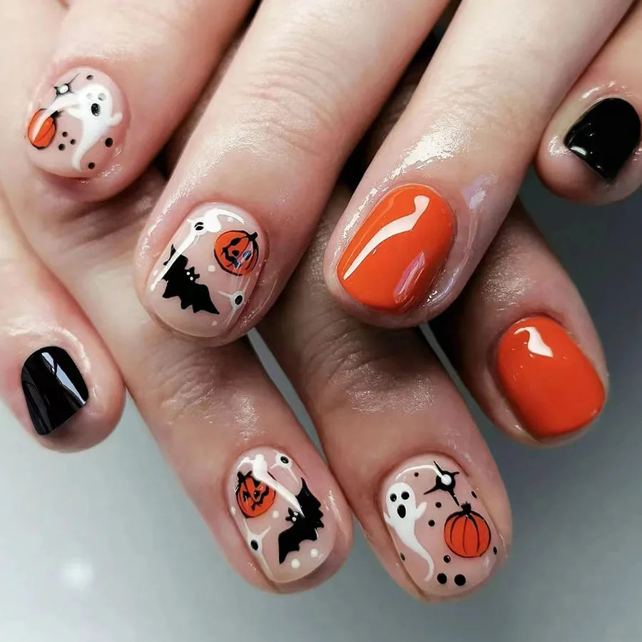 Halloween Ghost, Bat & Pumpkin Press-On Nails in Orange, Black and Nude