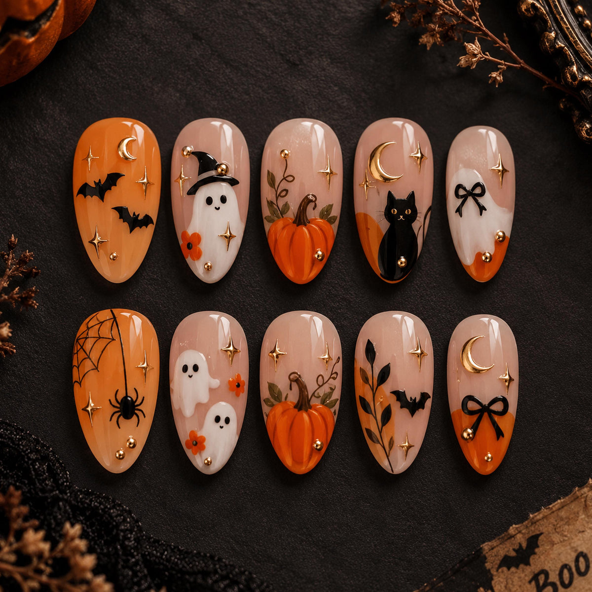 Halloween Ghost, Black Cat & Pumpkin Press On Nails in Orange and Nude