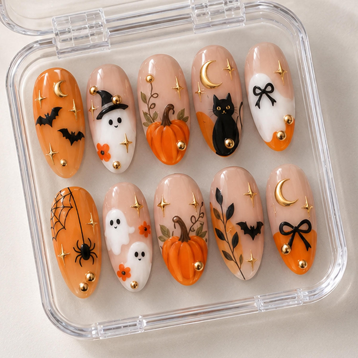 Halloween Ghost, Black Cat & Pumpkin Press On Nails in Orange and Nude