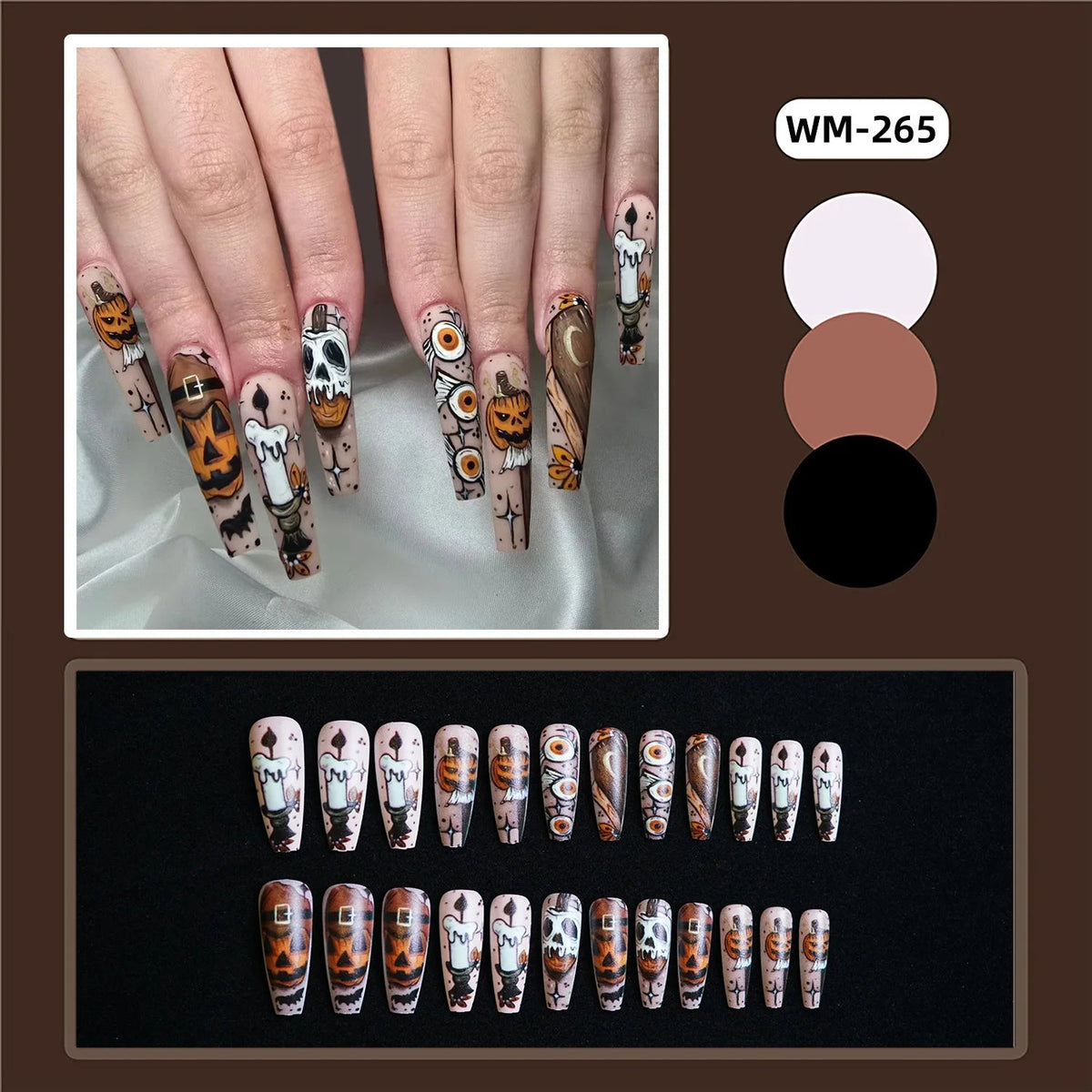 Halloween Ghost, Pumpkin and Eyeball Nail Set in Black, Orange and Nude