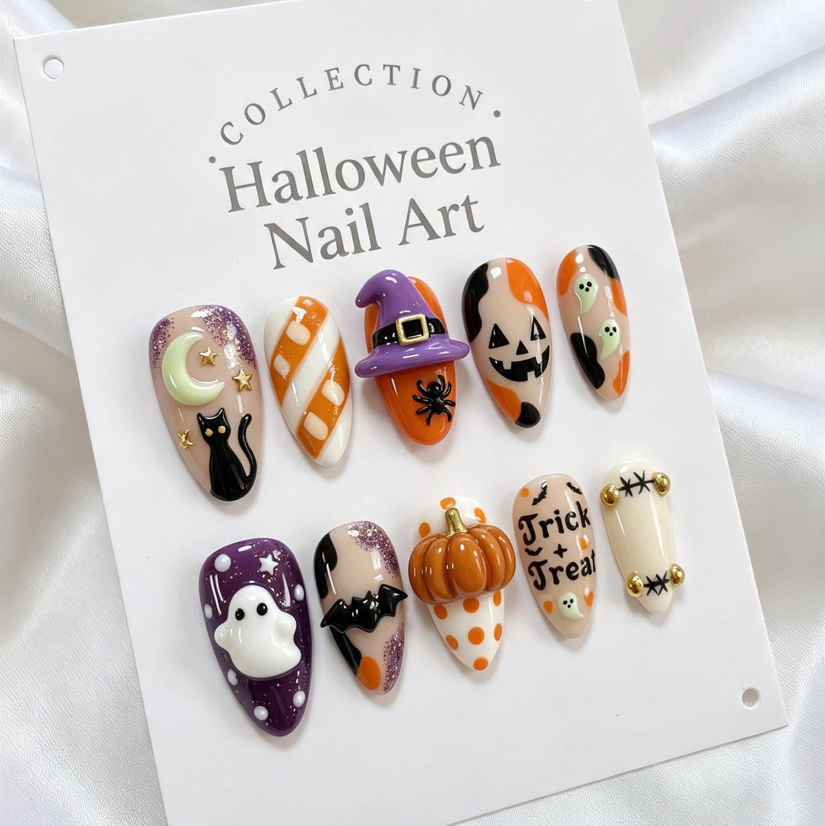 Halloween Ghost, Pumpkin, Cat and Witch Hat Press-On Nail Set
