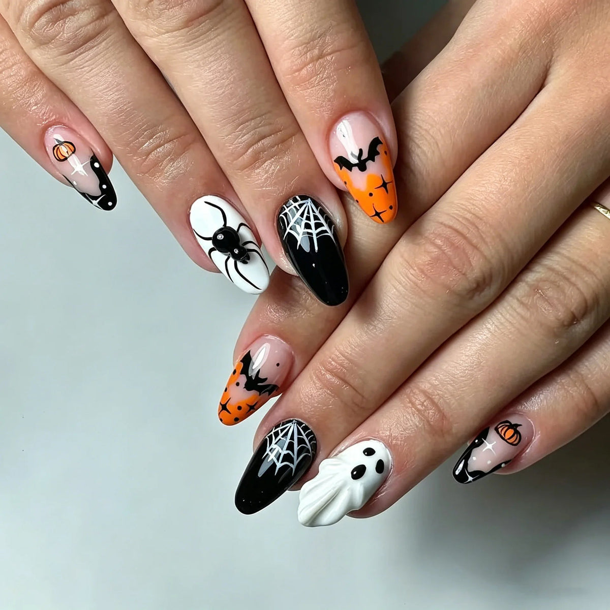 Halloween Ghost, Spiderweb, Bat and Pumpkin Nail Set in Black, White and Orange