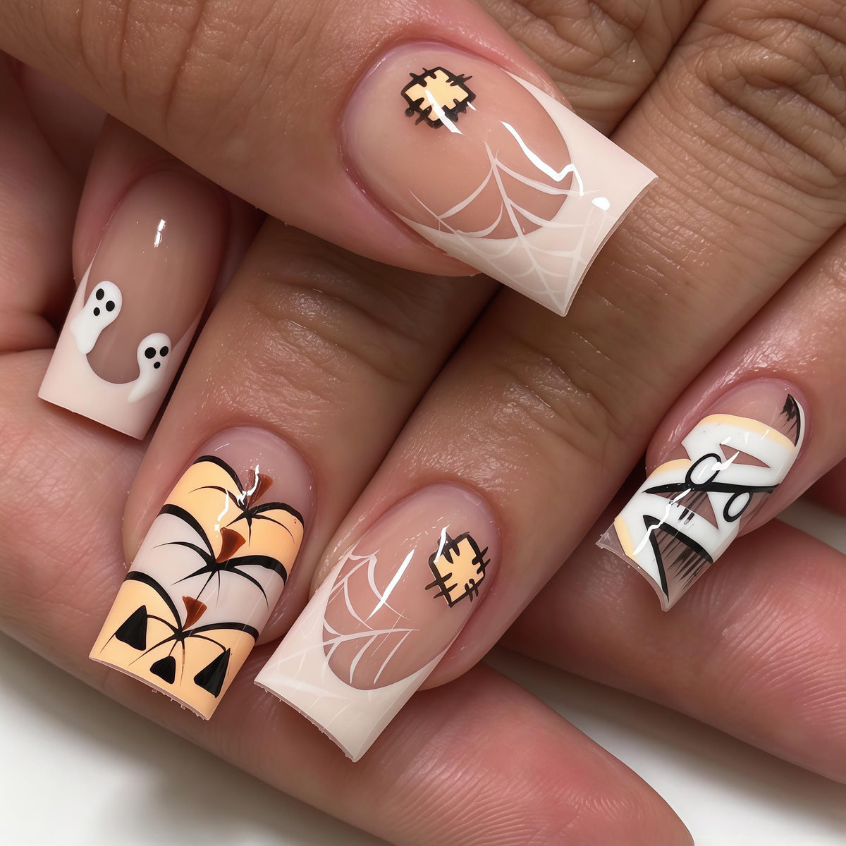 Halloween Ghost, Spiderweb & Pumpkin French Tip Nail Set