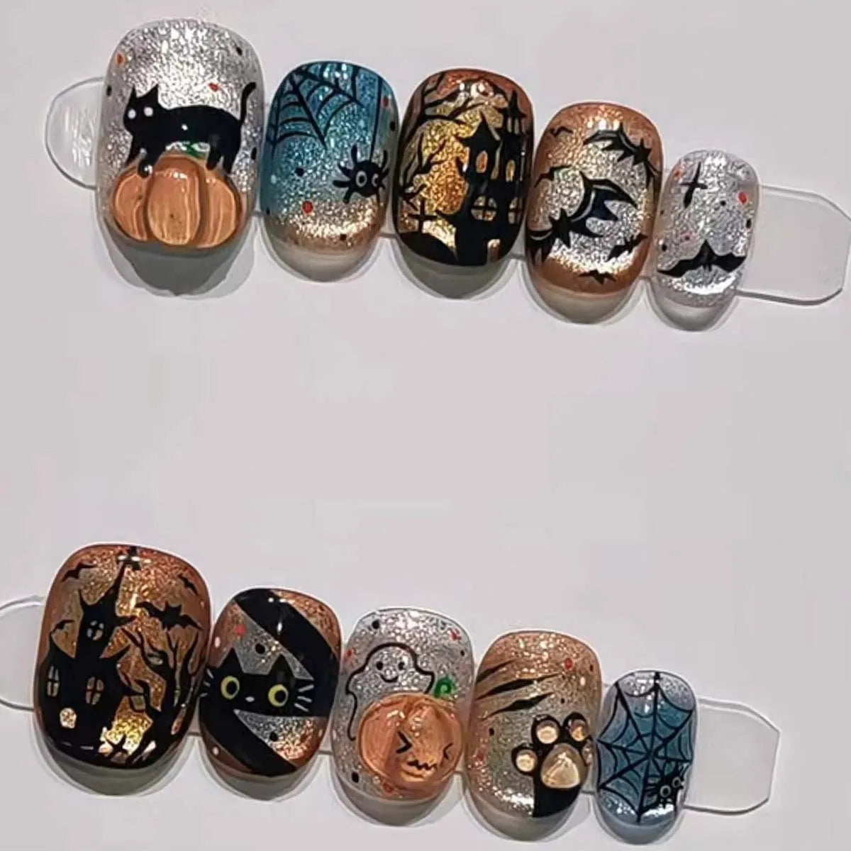 Halloween Glitter Ombre Nail Set With Cats, Pumpkins, Ghosts and Haunted Houses