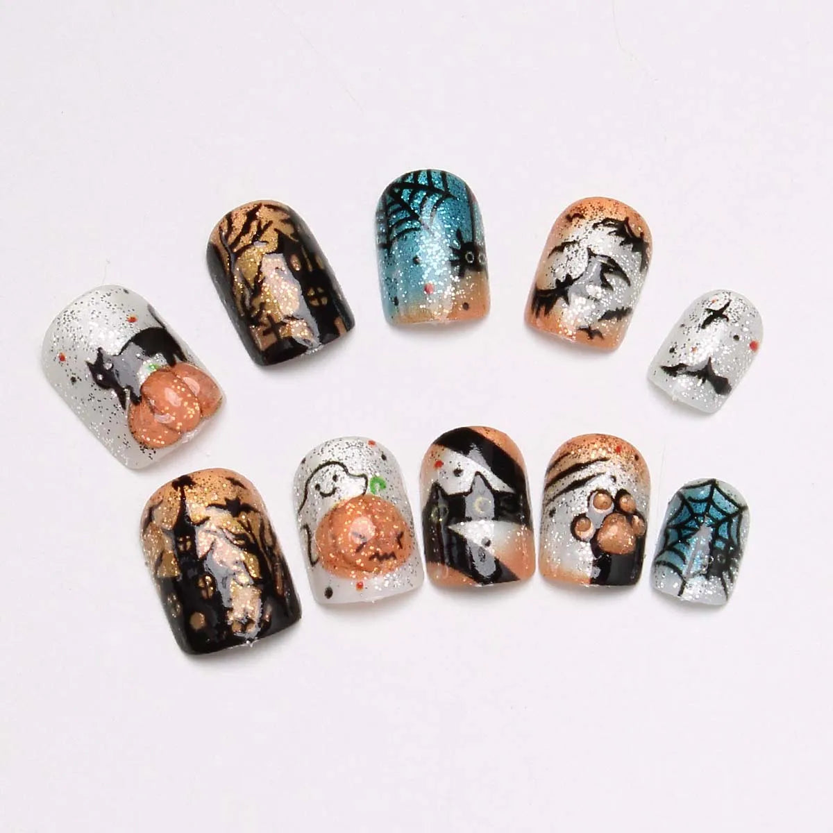 Halloween Glitter Ombre Nail Set With Cats, Pumpkins, Ghosts and Haunted Houses