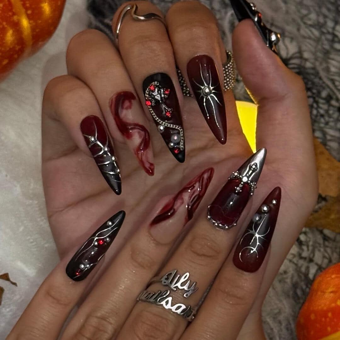 Halloween Gothic Black and Burgundy Press On Nails With Silver Chains, Crosses and Red Rhinestones