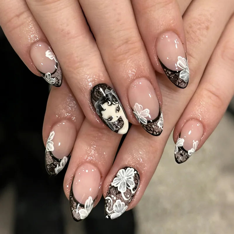 Halloween Gothic Black Lace French Tip Nails With White Flowers and Portrait Art