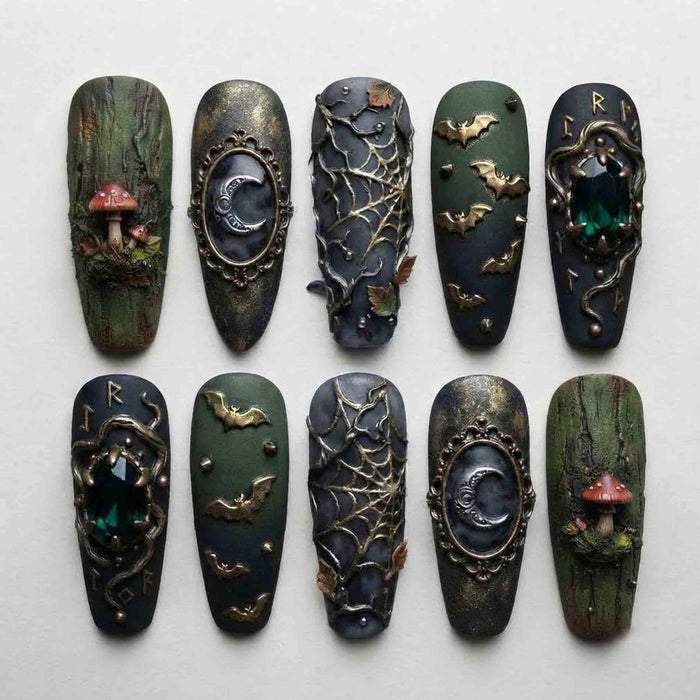 Halloween Gothic Forest Green Press On Nails With Emerald Gems, Bats, Mushrooms & Crescent Moon