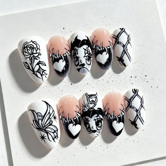 Halloween Gothic Rose and Heart Press On Nail Set in Milky White and Blush Pink