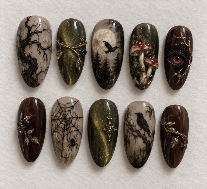 Halloween Gothic Woodland Press On Nails with Mushrooms, Ravens, Spiderwebs and a Red Eye