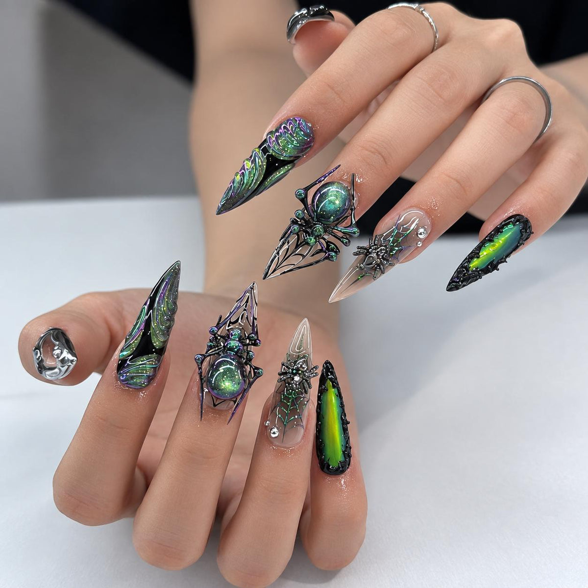 Halloween Green Cat-Eye Spider Web Press-On Nails with Silver Chrome Details