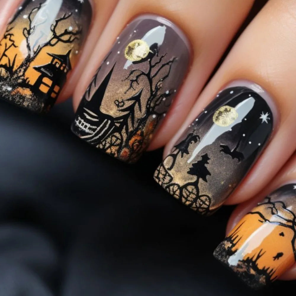 Halloween Haunted House and Moonlit Forest Press On Nails