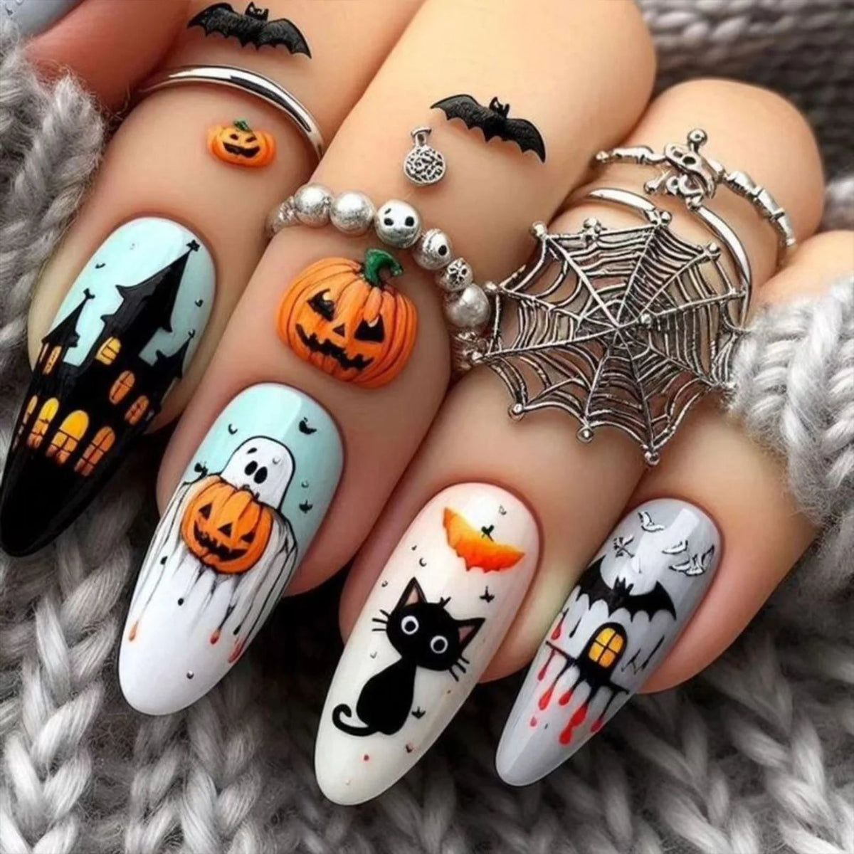 Halloween Haunted House, Ghost, Pumpkin, Bat, and Black Cat Nail Set