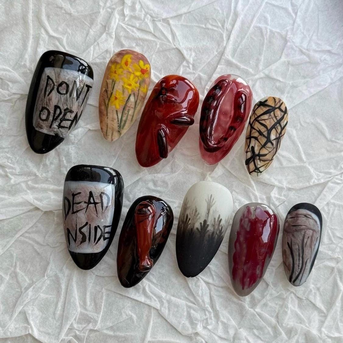 Halloween Horror Nails With Blood-Red Details and “Dead Inside” Lettering