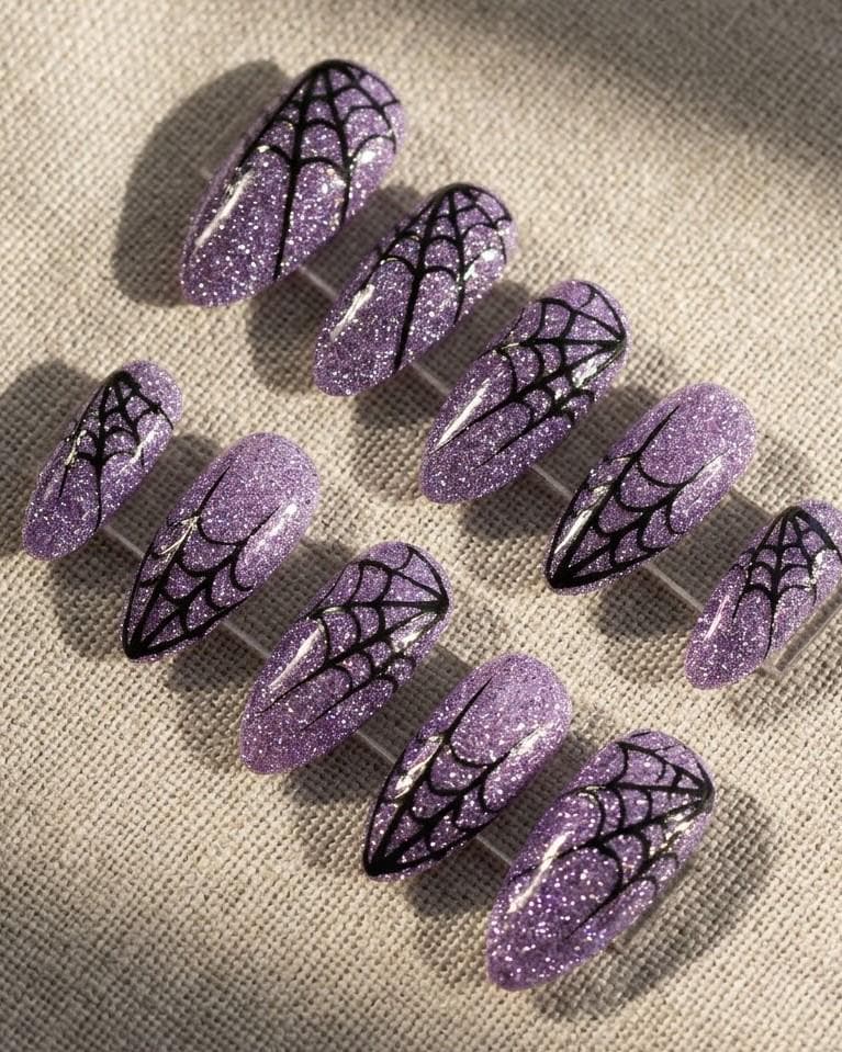 Halloween Lilac Glitter Spiderweb Press On Nails