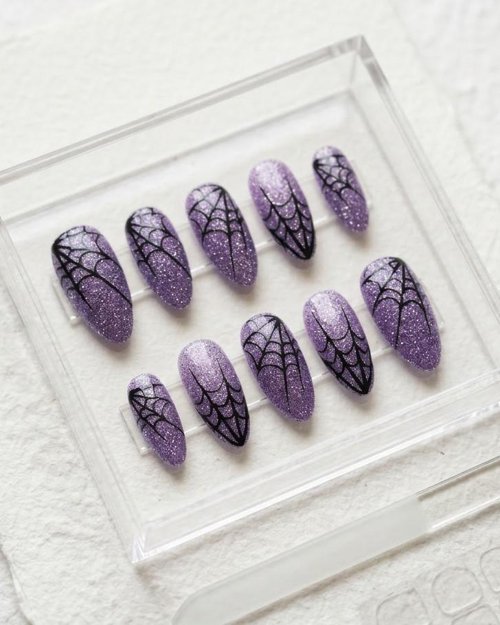 Halloween Lilac Glitter Spiderweb Press On Nails