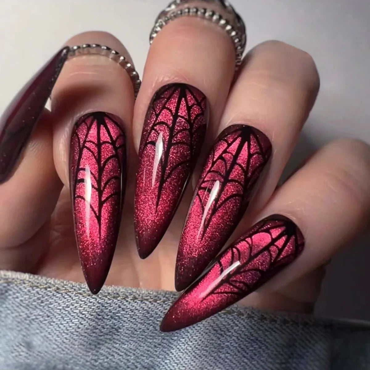Halloween Magenta-Red Glitter Spiderweb Press-On Nails