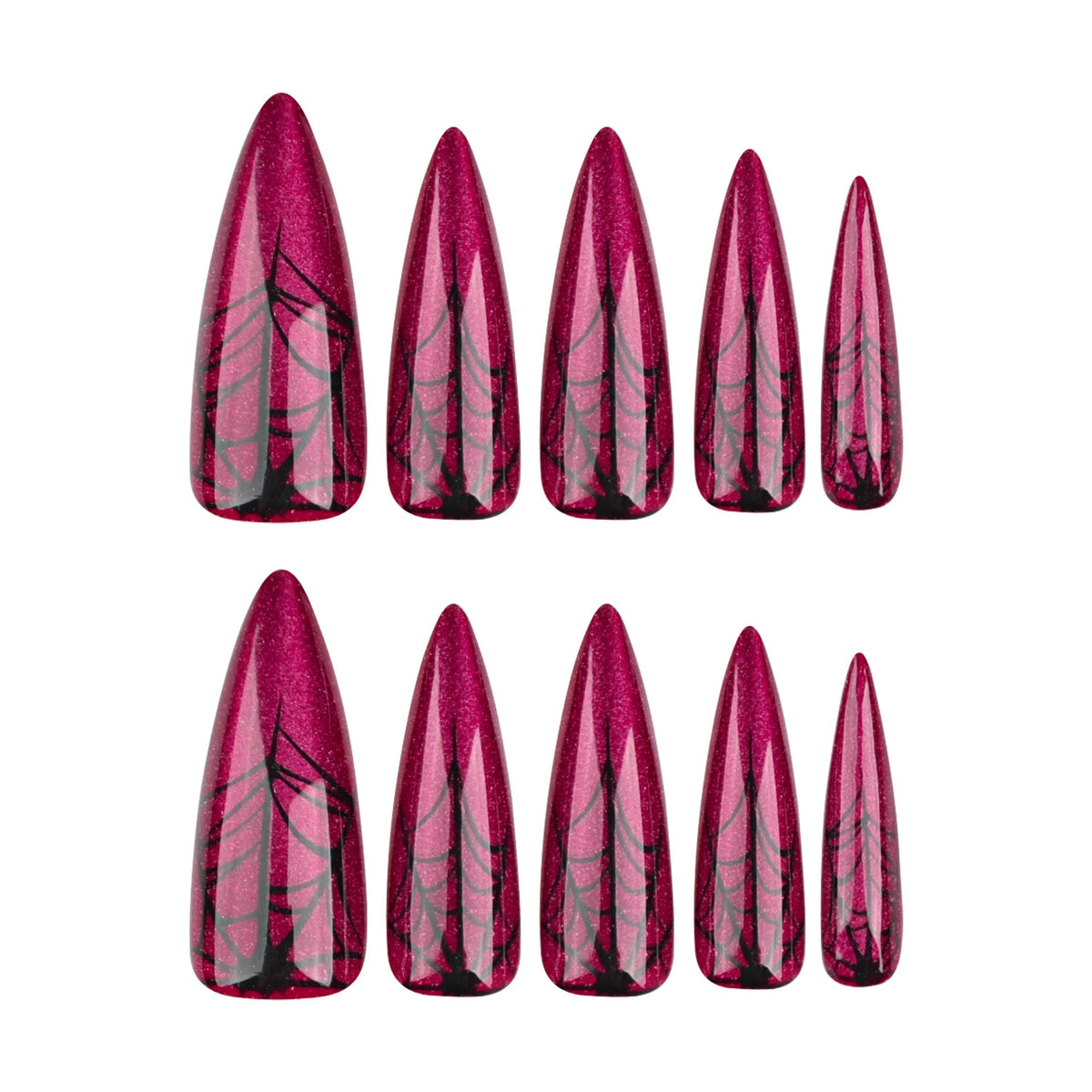 Halloween Magenta-Red Glitter Spiderweb Press-On Nails
