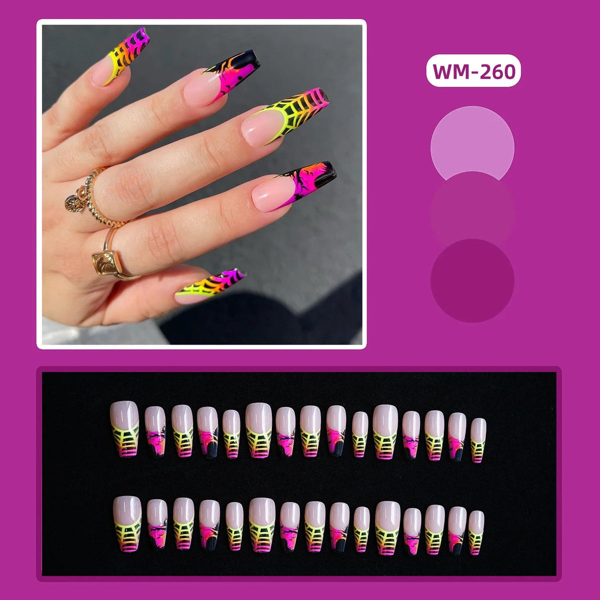 Halloween Neon Pink and Yellow Spiderweb Press On Nails