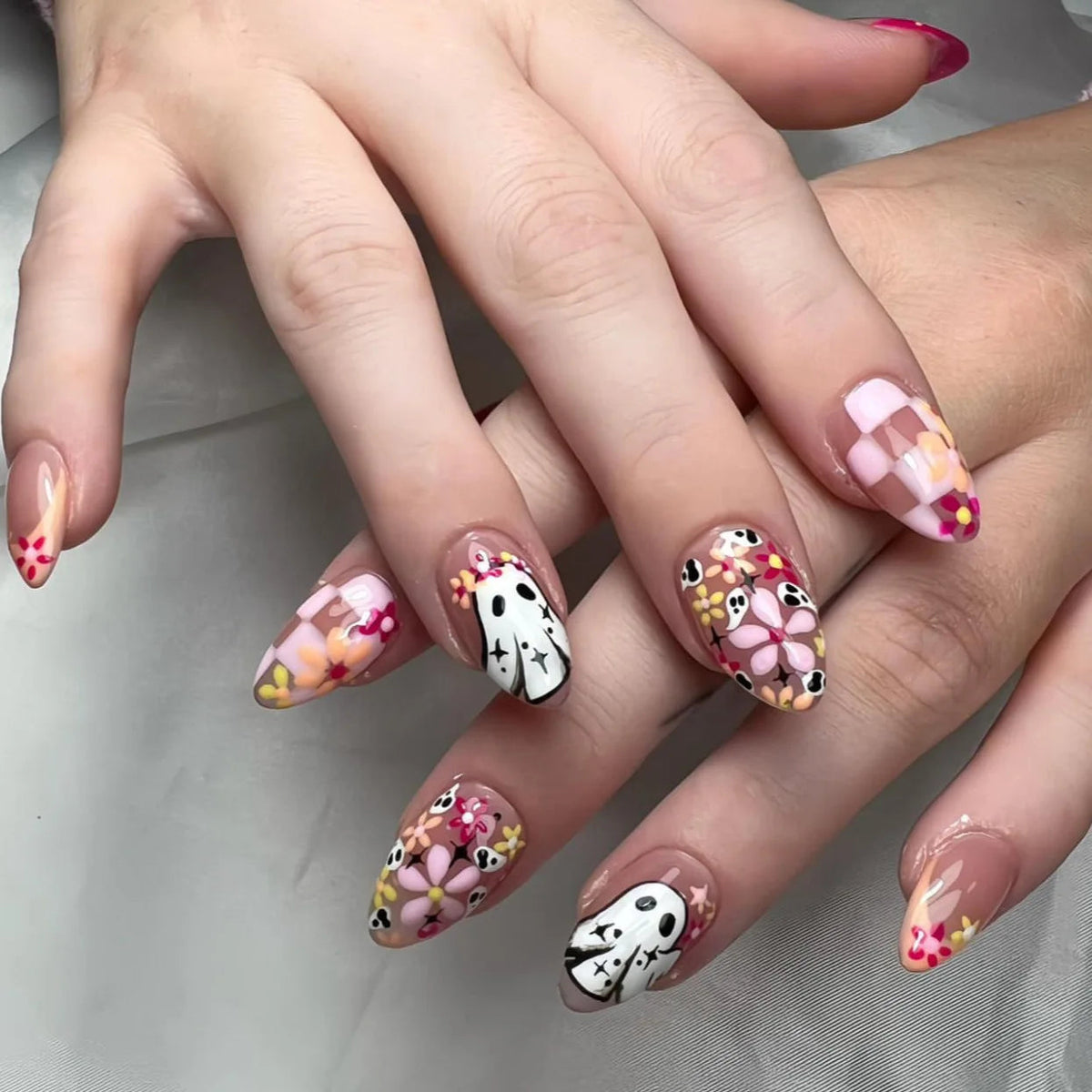 Halloween Pink Floral Ghost and Checkerboard Nail Set