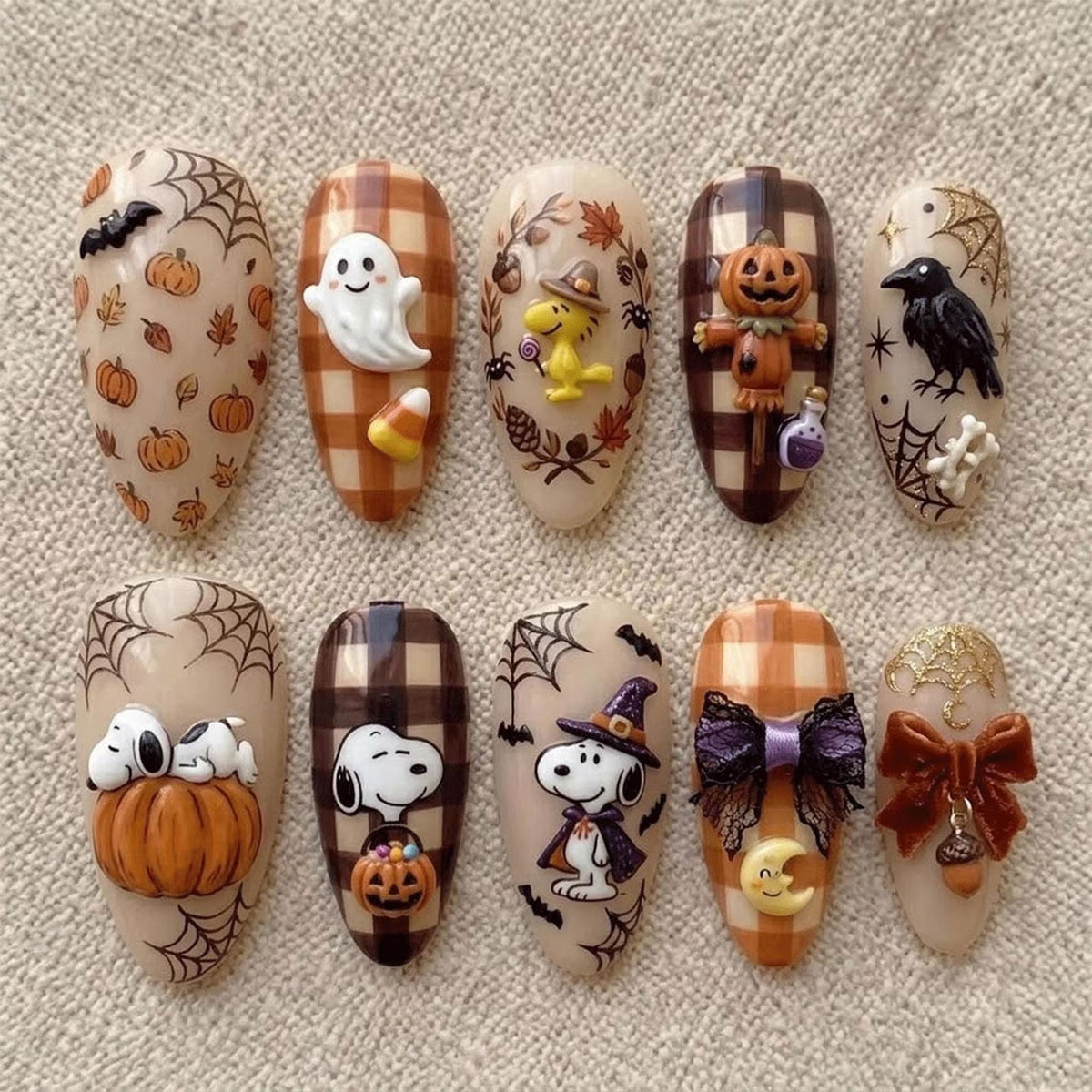 Halloween Press On Nails with 3D Ghosts, Pumpkins and Plaid